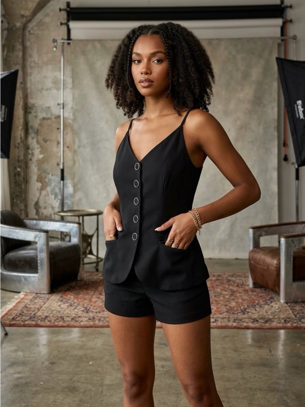 Women’s Black Tailored Button Front 2-Piece Short Set